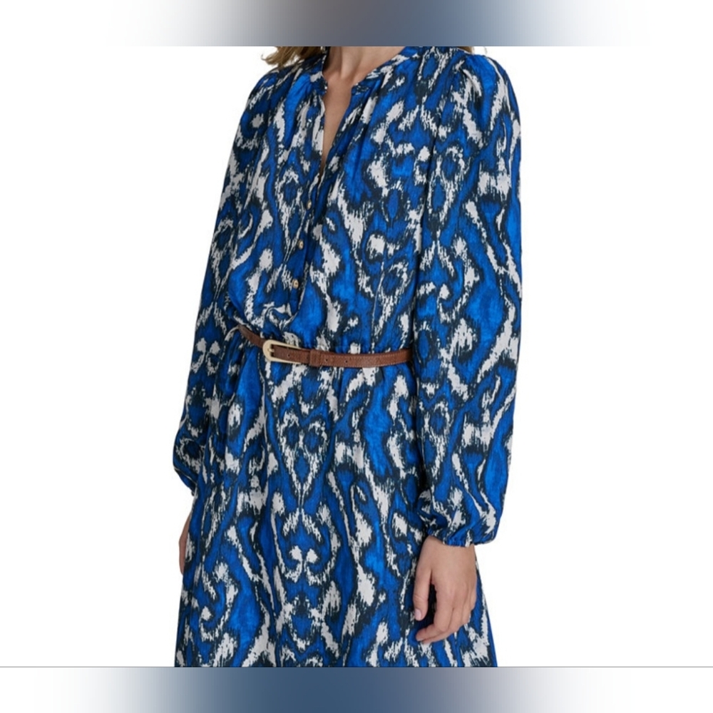 Blue and White Printed Long-Sleeve Maxi Dress